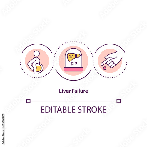 Liver failure concept icon. Life-threatening symptoms idea thin line illustration. Excessive bleeding. Cirrhosis. Abdominal pain. Vector isolated outline RGB color drawing. Editable stroke