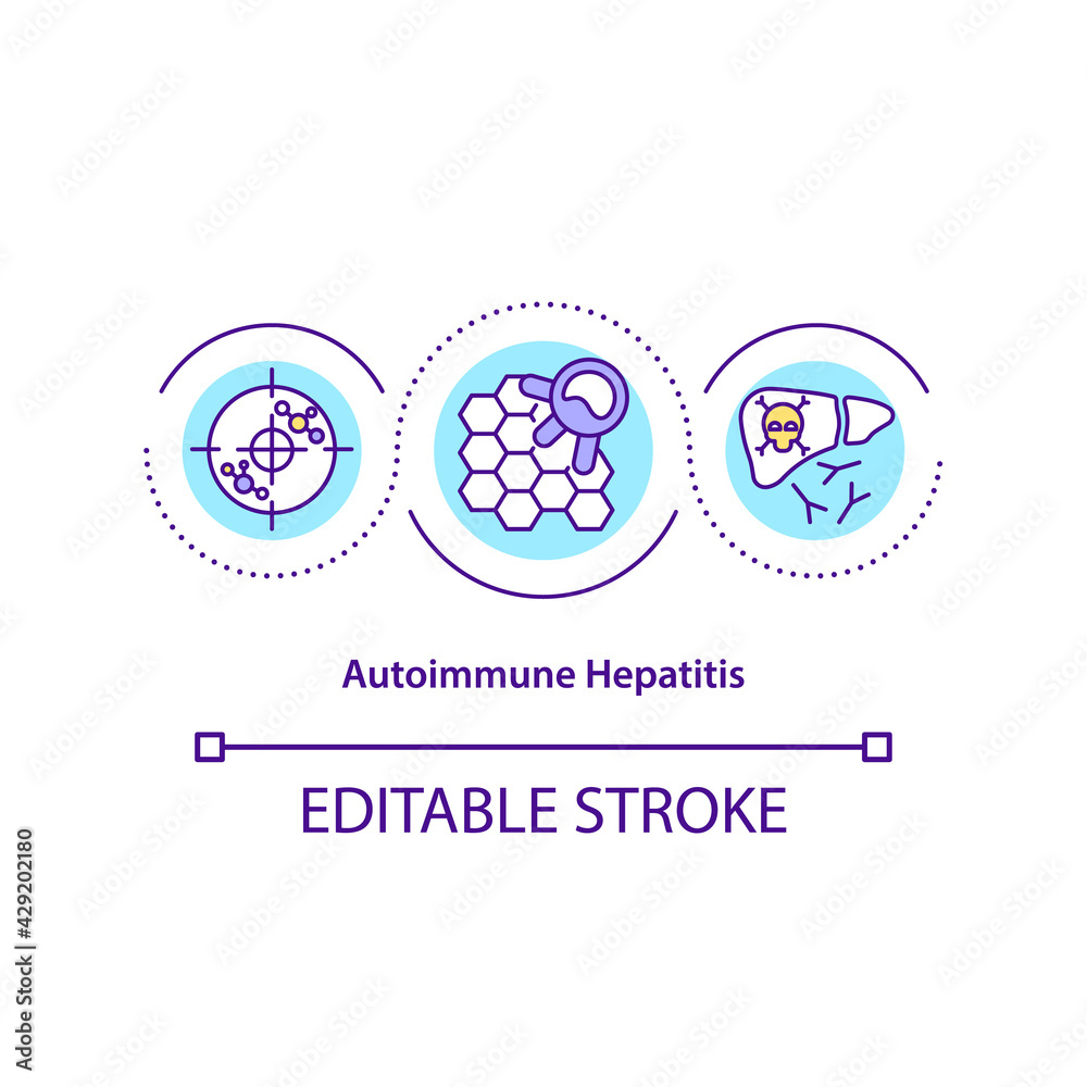 Autoimmune hepatitis concept icon. Body immune system failure idea thin line illustration. Lifelong liver condition. Lupoid hepatitis. Vector isolated outline RGB color drawing. Editable stroke Autoimmune hepatitis concept icon. Body immune system failure idea thin line illustration. Lifelong liver condition. Lupoid hepatitis. Vector isolated outline RGB color drawing. Editable stroke