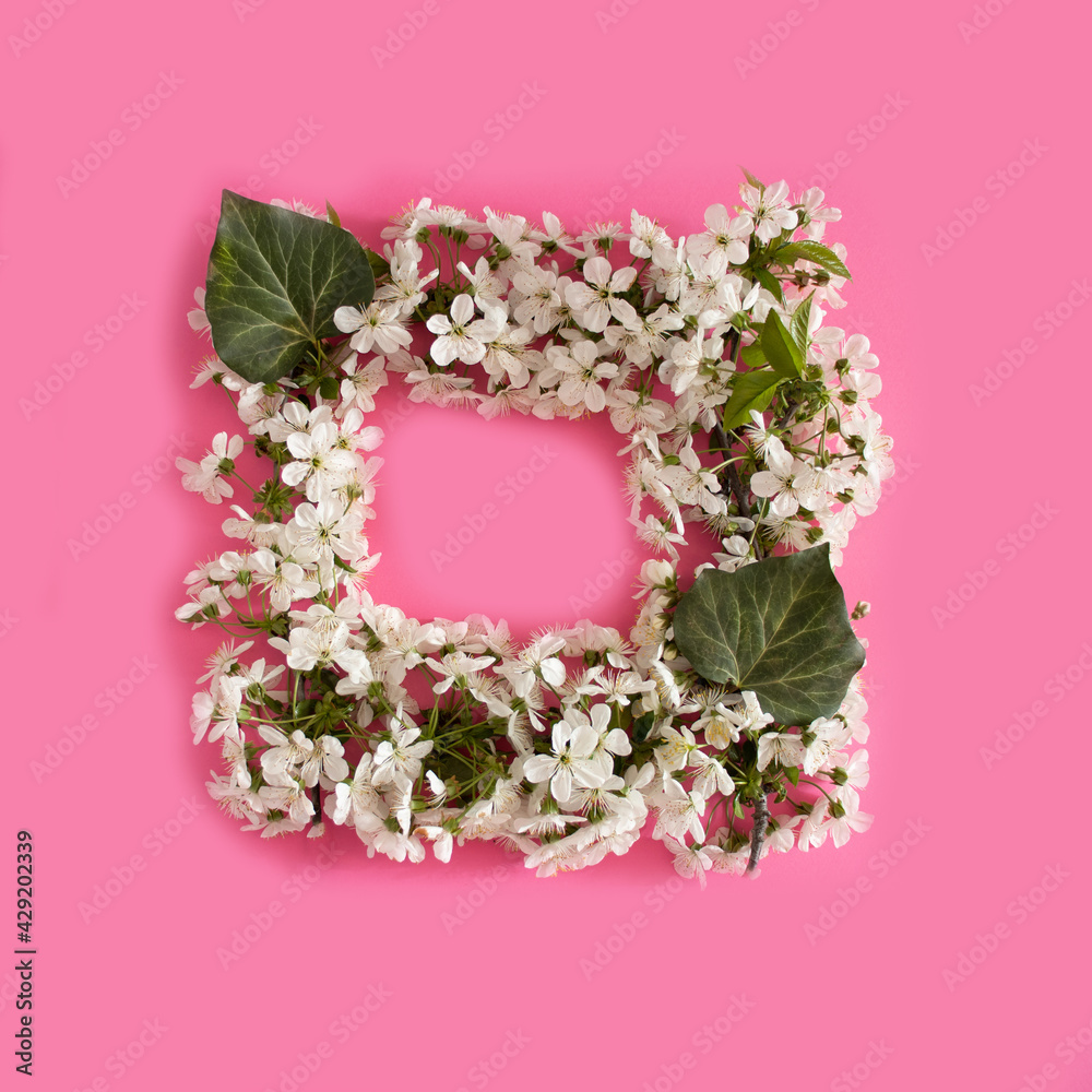 Frame of beautifull cherries flowers and green leaf.Flat Lay.Copyspace Frame of beautifull cherries flowers and green leaf.Flat Lay.Copyspace