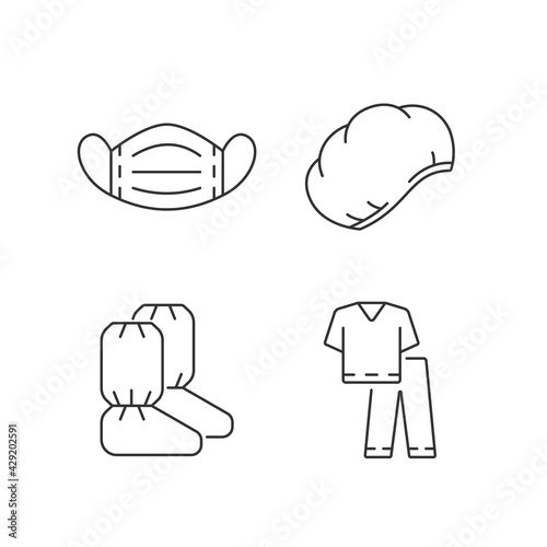 Disposable medical equipment linear icons set. Sterile mask for protection from virus. Disposable PPE. Customizable thin line contour symbols. Isolated vector outline illustrations. Editable stroke