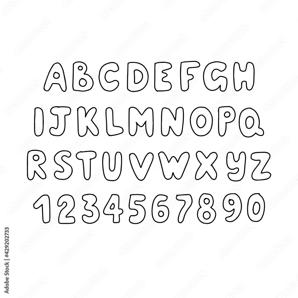 hand drawn alphabet, letters and numbers, illustration hand drawn alphabet, letters and numbers, illustration