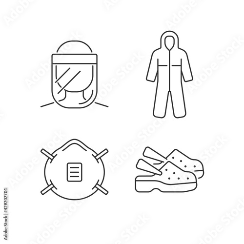 Medical equipment linear icons set. Face shield. Disposable coveralls. Doctor uniform. Quarantine safety. Customizable thin line contour symbols. Isolated vector outline illustrations. Editable stroke