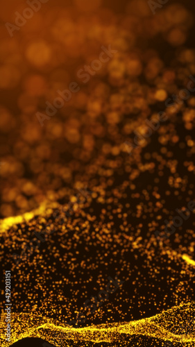 sparkling gold particles on dark abstract luxury background. 3D rendering