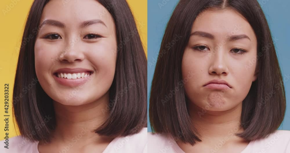 Close up portrait of young asian woman expressing happiness and depression, lady emotions collage, slow motion Close up portrait of young asian woman expressing happiness and depression, lady emotions collage, slow motion