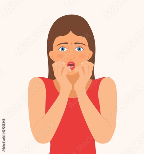 Portrait of scared, panicked woman with horror face and two hand gestures, isolated on background. Cartoon character girl frightening, terrified, panic, shocked facial expression vector illustration
