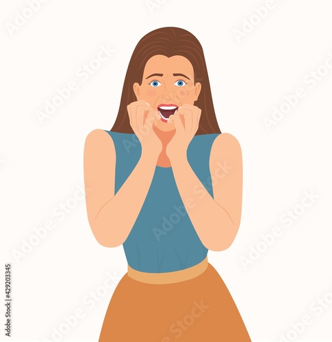 Scared, panicked woman with horror or surprised face and hands on cheek, isolated. Cartoon character girl screaming, frightening, terrified, panic, shocked facial expression vector illustration