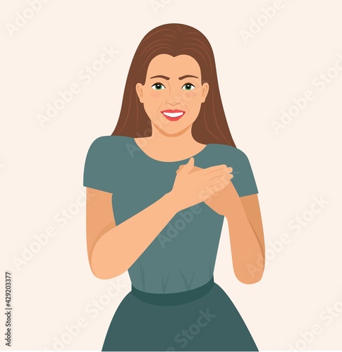 Beautiful young smiling woman keeps both hands on heart, remembers great moment, cheerful girl holds both hands on chest, thankfulness, gratitude, appreciated expression, isolated Vector illustration