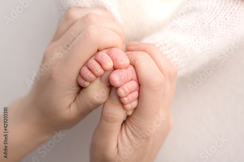 Feet of the newborn in the hands of the mother, parent. Studio photography, white background. Happy family concept.