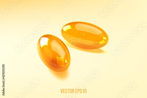 Two capsules Omega 3 isolated on light background. 3d Vector