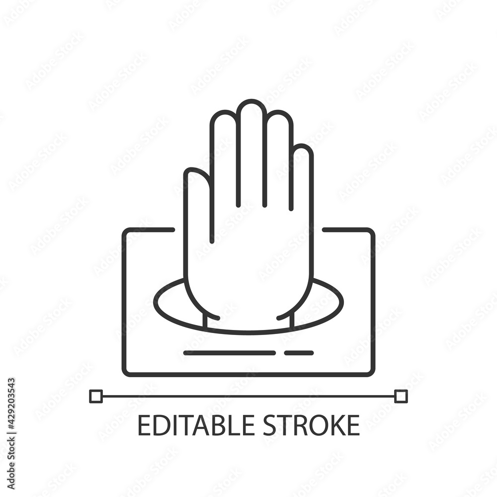 Obraz premium Gloves in box linear icon. Rubber protection for hands. Doctor uniform. Disposable PPE. Thin line customizable illustration. Contour symbol. Vector isolated outline drawing. Editable stroke