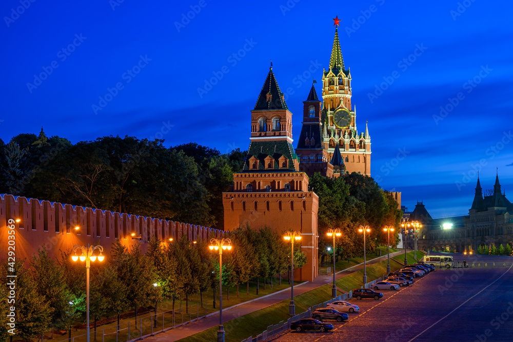 Spasskaya Tower and Red Square in Moscow, Russia. Architecture and landmarks of Moscow. Night cityscape of Moscow
