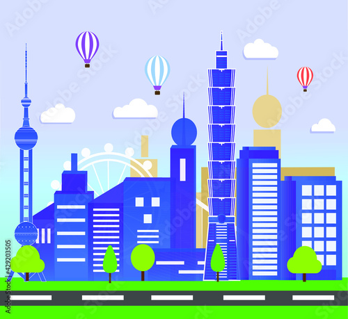 Illustration in flat design style with modern city architecture. 