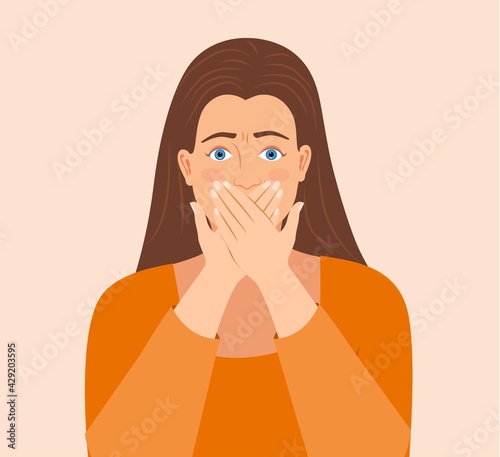 Portrait of scared, panicked woman with hand covering mouth, isolated on white background. Cartoon character beautiful girl frightening, terrified, panic, shocked facial expression vector illustration