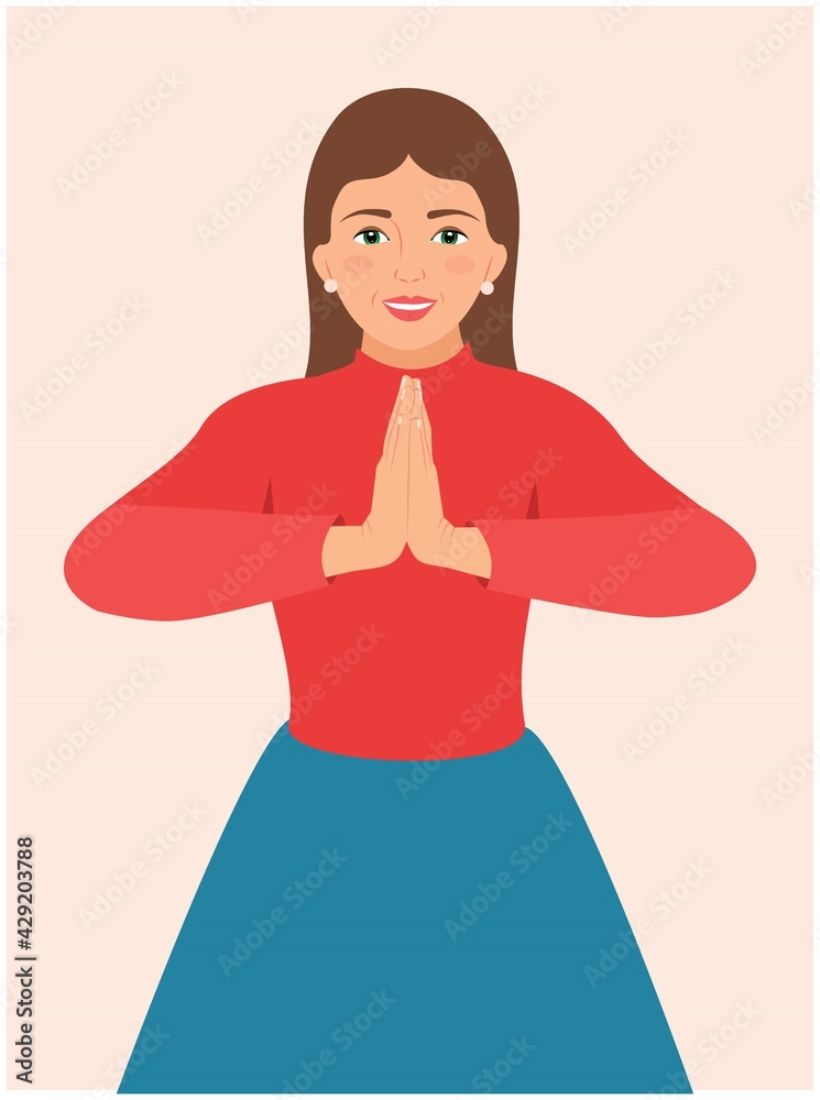 Happy beautiful young woman with welcome gesture of hands. Namaste mudra. Smiling girl making in a Namaste gesture bowing and hands pressed together, palms touching, isolated flat Vector illustration Happy beautiful young woman with welcome gesture of hands. Namaste mudra. Smiling girl making in a Namaste gesture bowing and hands pressed together, palms touching, isolated flat Vector illustration