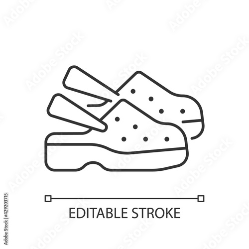 Medical shoes linear icon. Protective personal equipment, sterile foot wear. Footwear for nurse. Thin line customizable illustration. Contour symbol. Vector isolated outline drawing. Editable stroke