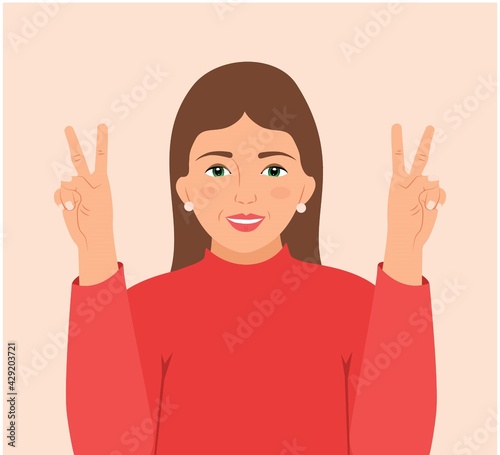 Happy beautiful young woman showing victory or V sign. Facial expression with gesture. Cartoon character smiling girl making peace or two gestures with hand fingers, isolated flat Vector illustration