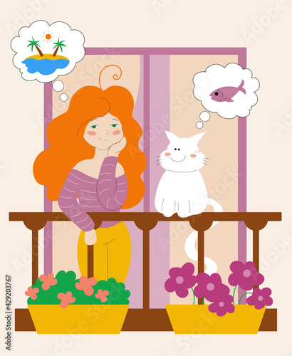 Girl standing on the balcony and dreaming about summer vacation at ocean coast. 