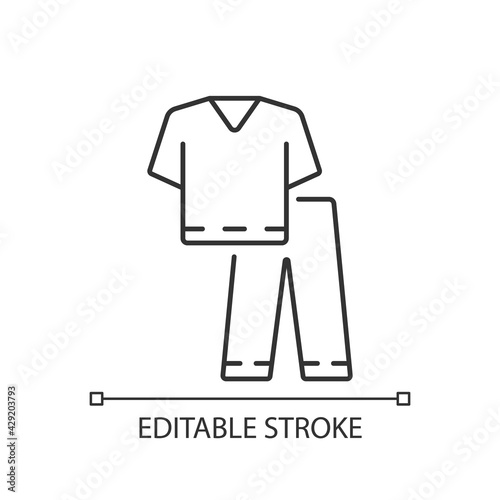 Scrub suit linear icon. Top and trousers for nurse. Suit to work in clinic. Doctor uniform. Thin line customizable illustration. Contour symbol. Vector isolated outline drawing. Editable stroke