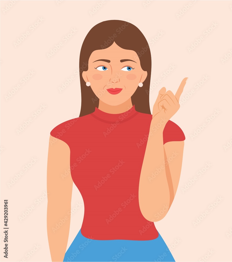 Beautiful young smiling woman looks and shows left side or back with her index finger. Cartoon character girl showing copy space or something, isolated on white background, Vector illustration Beautiful young smiling woman looks and shows left side or back with her index finger. Cartoon character girl showing copy space or something, isolated on white background, Vector illustration