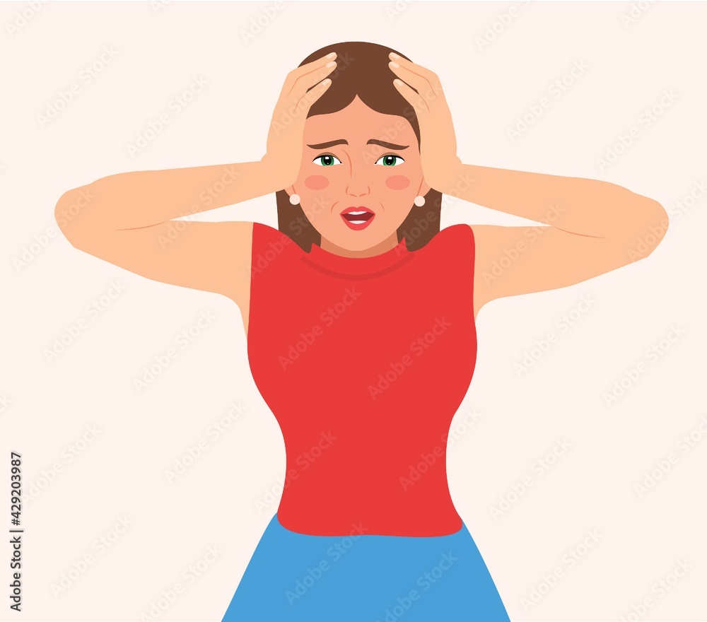 Young distraught woman screaming and keeps hands on head. Face expression with negative emotions. Insane woman shouting with open mouth in despair or she has a headache. isolated Vector illustration Young distraught woman screaming and keeps hands on head. Face expression with negative emotions. Insane woman shouting with open mouth in despair or she has a headache. isolated Vector illustration