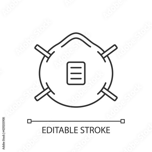 N 95 mask linear icon. Respirator for breathing. Contagious infection prevention. Protective wear. Thin line customizable illustration. Contour symbol. Vector isolated outline drawing. Editable stroke