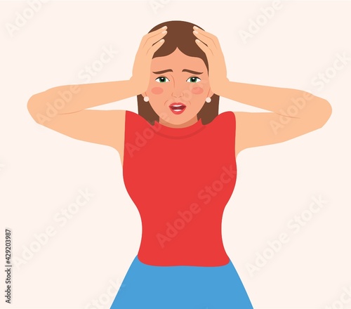 Young distraught woman screaming and keeps hands on head. Face expression with negative emotions. Insane woman shouting with open mouth in despair or she has a headache. isolated Vector illustration