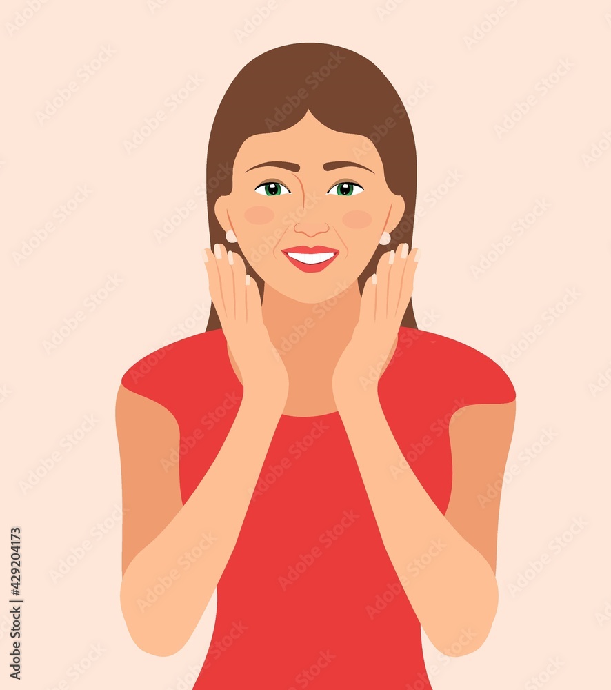 Surprised Excited Woman holds cheeks by hand isolated on background. Surprised pretty girl or woman opens hands under her cheeks, Vector illustration. Cartoon character smiling girl's hands on cheek Surprised Excited Woman holds cheeks by hand isolated on background. Surprised pretty girl or woman opens hands under her cheeks, Vector illustration. Cartoon character smiling girl's hands on cheek
