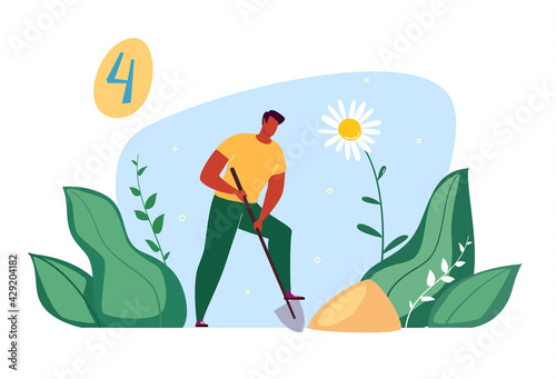 Work in the park, garden, landscape design, planting young trees, landscaping. Vector illustration in flat cartoon style.
