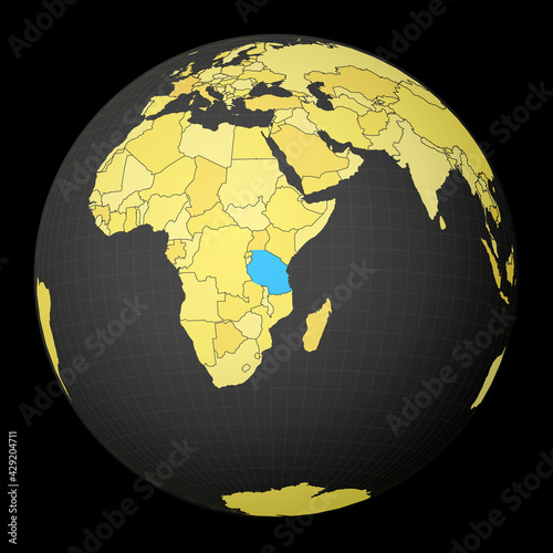 Tanzania on dark globe with yellow world map. Country highlighted with blue color. Satellite world projection centered to Tanzania. Captivating vector illustration.