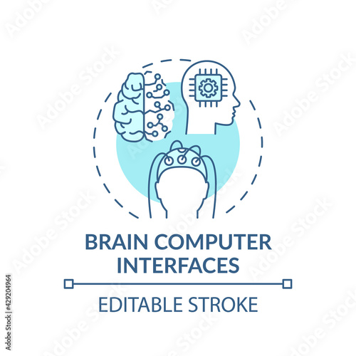 Brain computer interfaces concept icon. Rehabilitation engineering application idea thin line illustration. Recognizing brain signals. Vector isolated outline RGB color drawing. Editable stroke