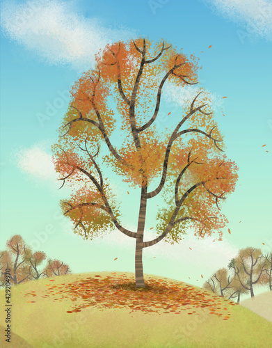 An illustration of a tree growing on a grassy hillside with brown leaves against a cloudy sky. - representing the season Autumn