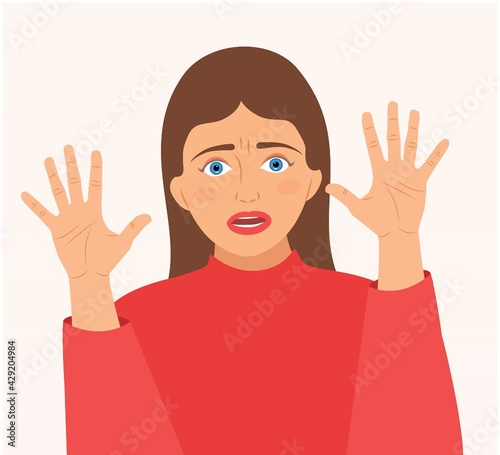 Portrait of scared, panicked woman with horror face and two hand gestures, isolated on background. Cartoon character girl frightening, terrified, panic, shocked facial expression vector illustration