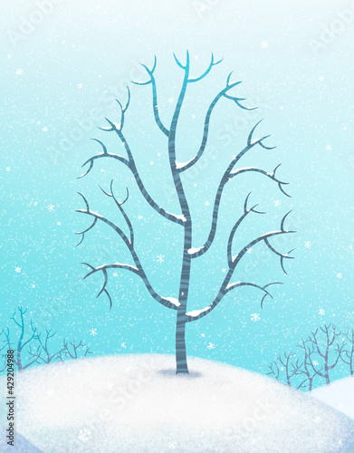 An illustration of a tree snow covered hillside against a snowy sky. - representing the season Winter
