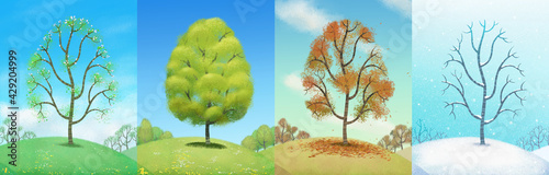 The four seasons. An illustration of a tree growing on a hillside as it changes over the year
