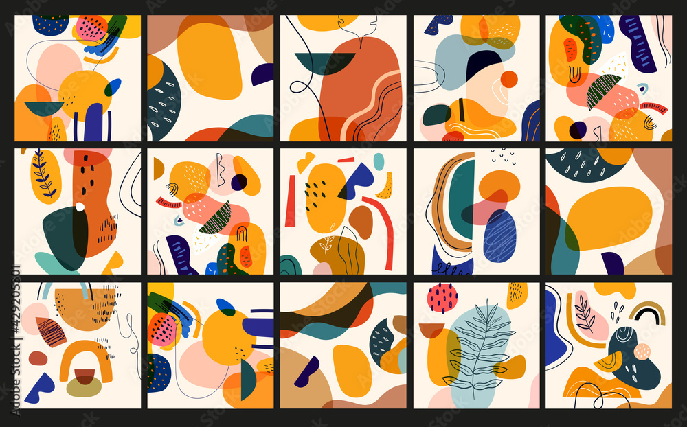 Decorative abstract collection of templates with abstract shapes and colourful doodles. Hand-drawn modern shapes
