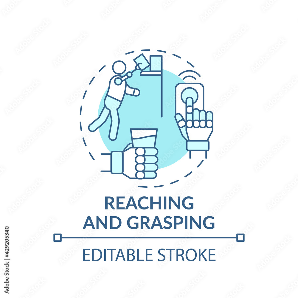 Reaching and grasping concept icon. Upper-limb prostheses task idea thin line illustration. Neurorehabilitation. Upper extremities function. Vector isolated outline RGB color drawing. Editable stroke