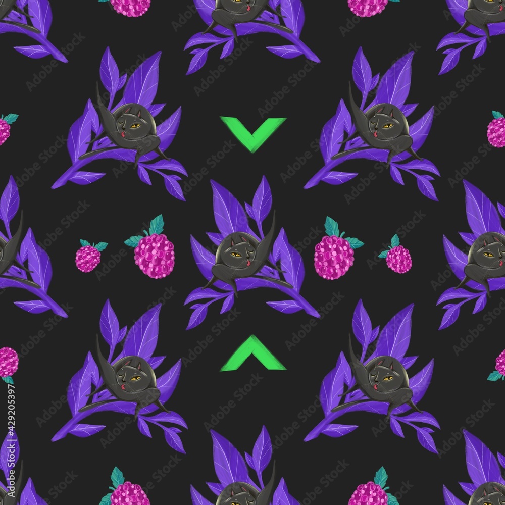 Obraz premium pattern with black cats on a dark background that lick wool