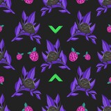 pattern with black cats on a dark background that lick wool