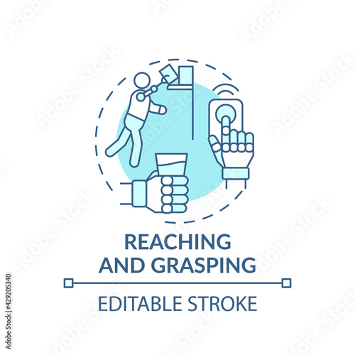 Reaching and grasping concept icon. Upper-limb prostheses task idea thin line illustration. Neurorehabilitation. Upper extremities function. Vector isolated outline RGB color drawing. Editable stroke
