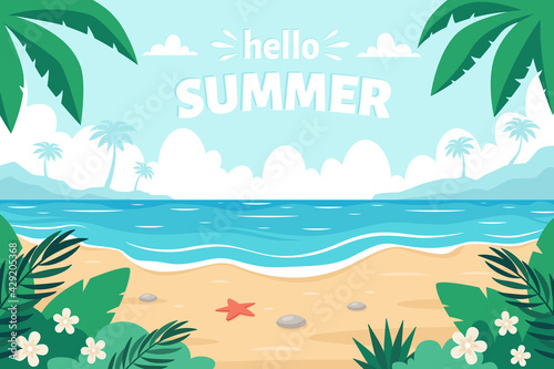 Sea sand beach. Hello summer. Seashore with sea star, palms, sea pebbles and tropical plants. Vector illustration
