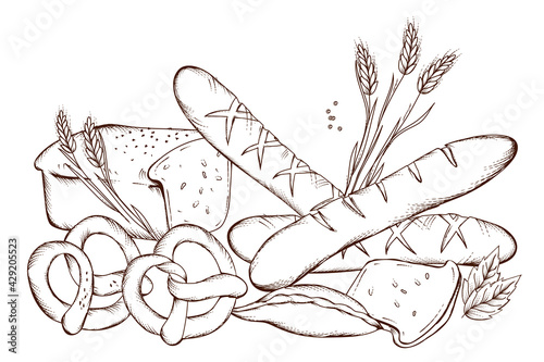 Bakery and bread products in hand drawn engraving style. Bakery products for bakehouse or bakeshop, etched vector illustration isolated on white background.