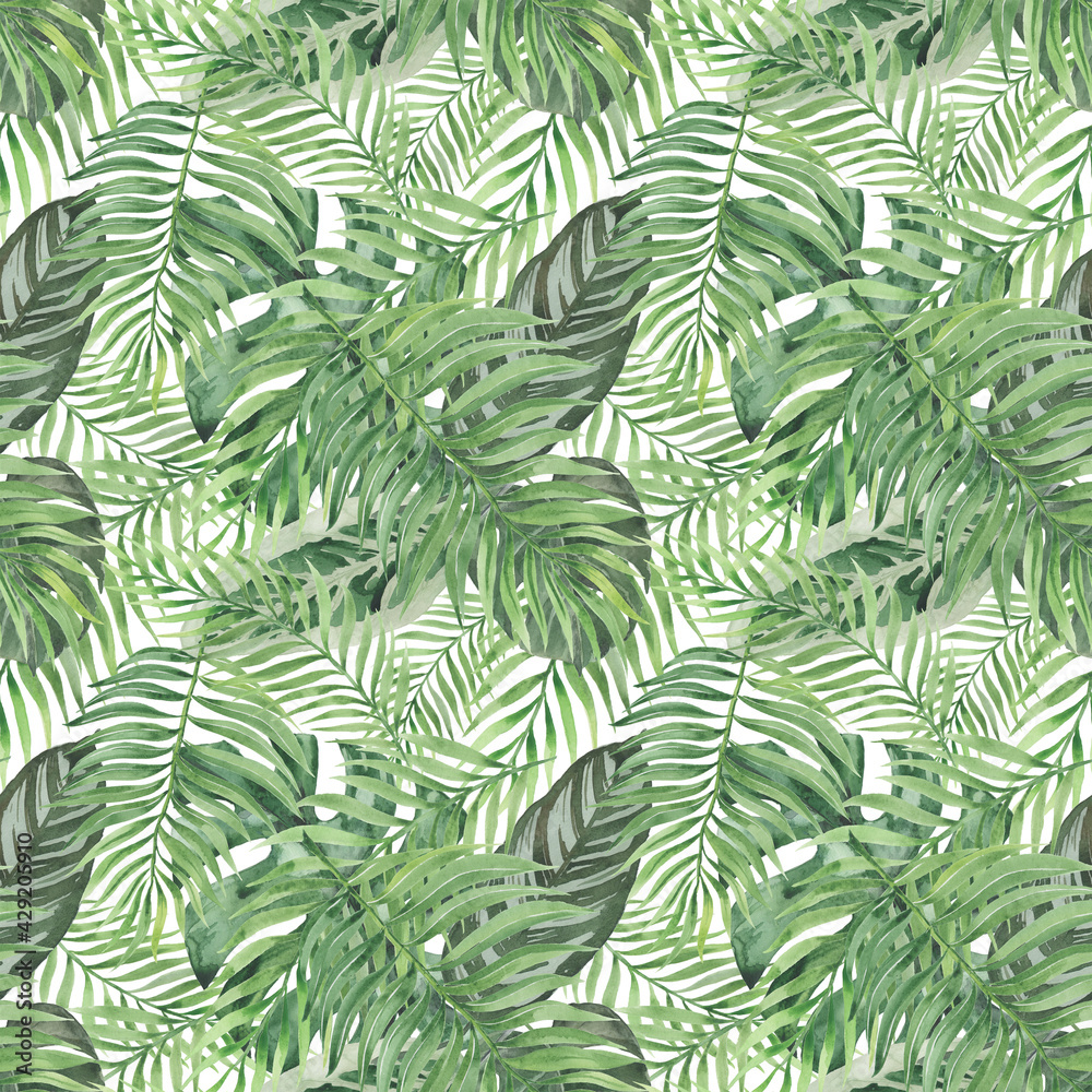 Seamless summer pattern with tropical exotic palm leaves, monstera. Botanical design for prints, wallpapers, textiles, swimwear. Watercolor.
