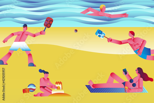 Summer beach people fun resting and swimming 