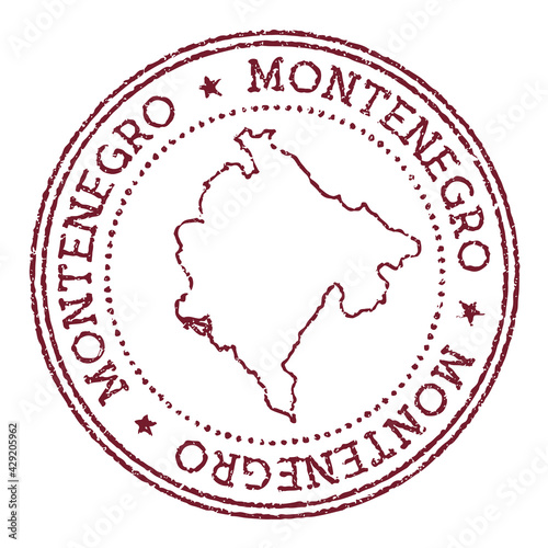 Montenegro round rubber stamp with country map. Vintage red passport stamp with circular text and stars, vector illustration.