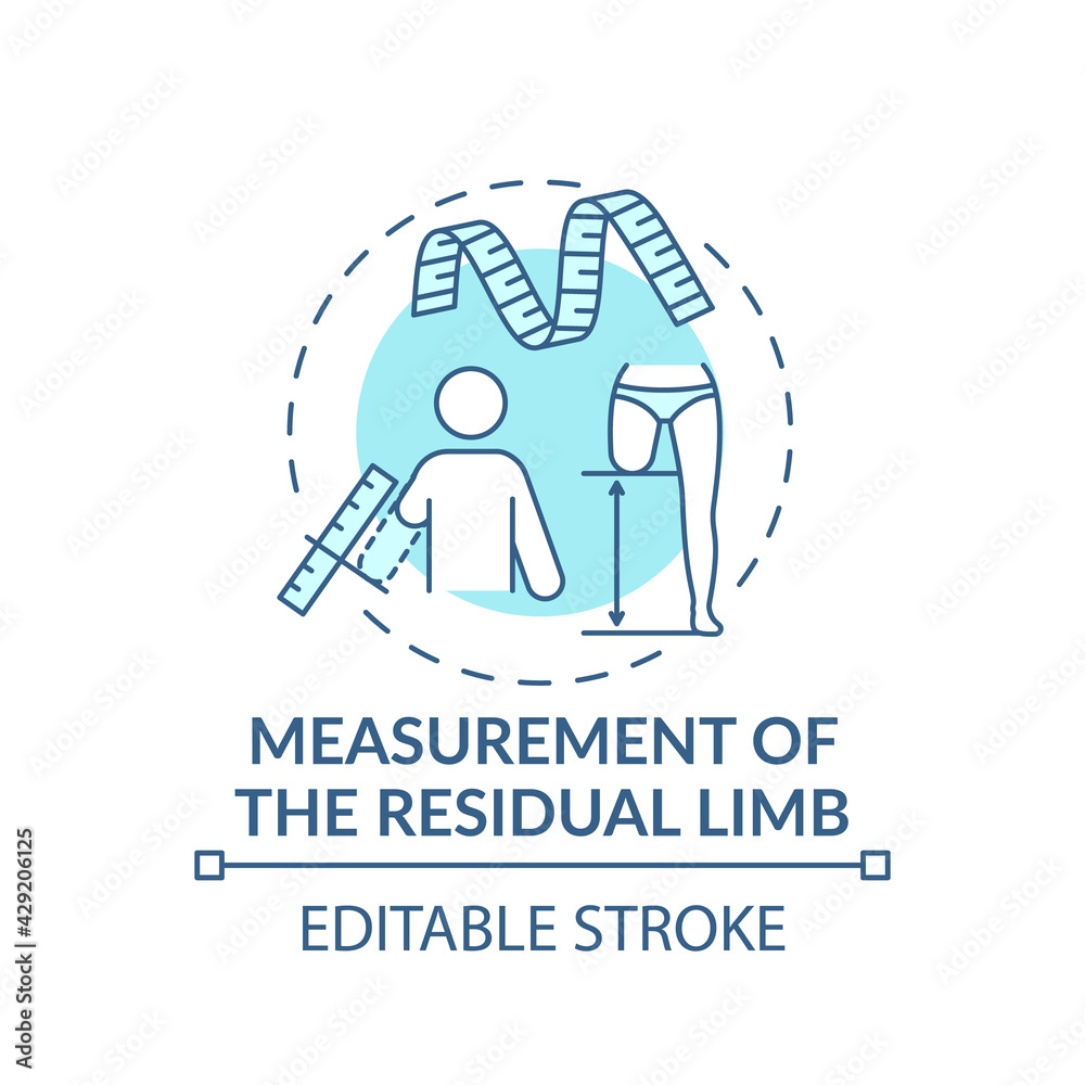 Residual limb measurement concept icon. Amputation manufacture idea thin line illustration. Measurement instruments. Functional ability. Vector isolated outline RGB color drawing. Editable stroke Residual limb measurement concept icon. Amputation manufacture idea thin line illustration. Measurement instruments. Functional ability. Vector isolated outline RGB color drawing. Editable stroke