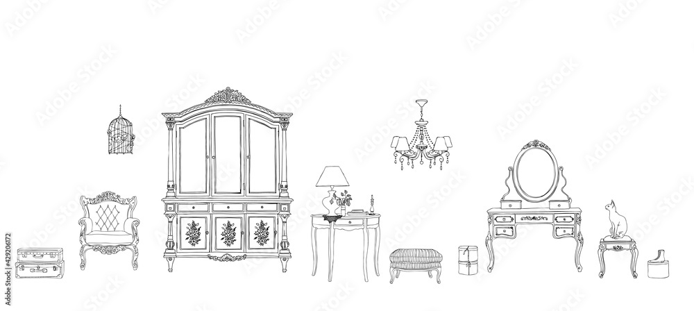 Set of furniture and decorative elements for interiors in Provence style.Hand-drawn vector illustration.