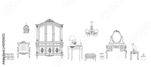 Set of furniture and decorative elements for interiors in Provence style.Hand-drawn vector illustration.