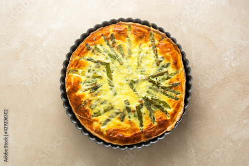 Asparagus tart, vegan quiche homemade pastry, healthy food.