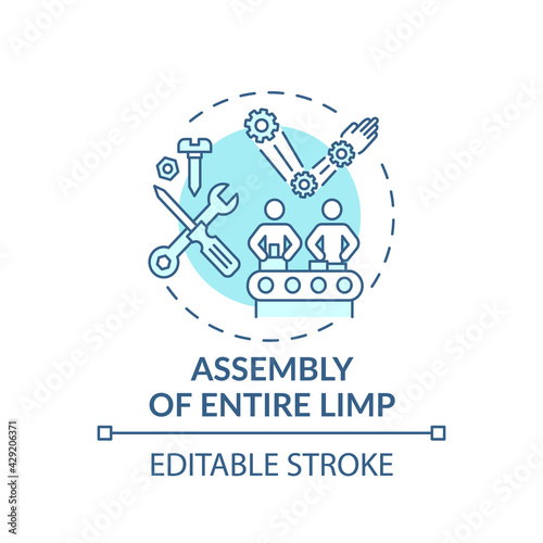 Entire limb assembly concept icon. Biomedical engineering idea thin line illustration. Prosthetic components efficacy investigating. Vector isolated outline RGB color drawing. Editable stroke