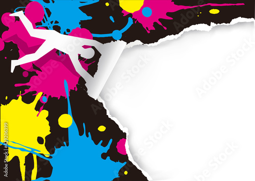 Man blowing in the wind, tearing paper, with print colors splatters.
Expressive illustration of Torn paper background. Concept for presenting color printing. Place for your text. Vector available.